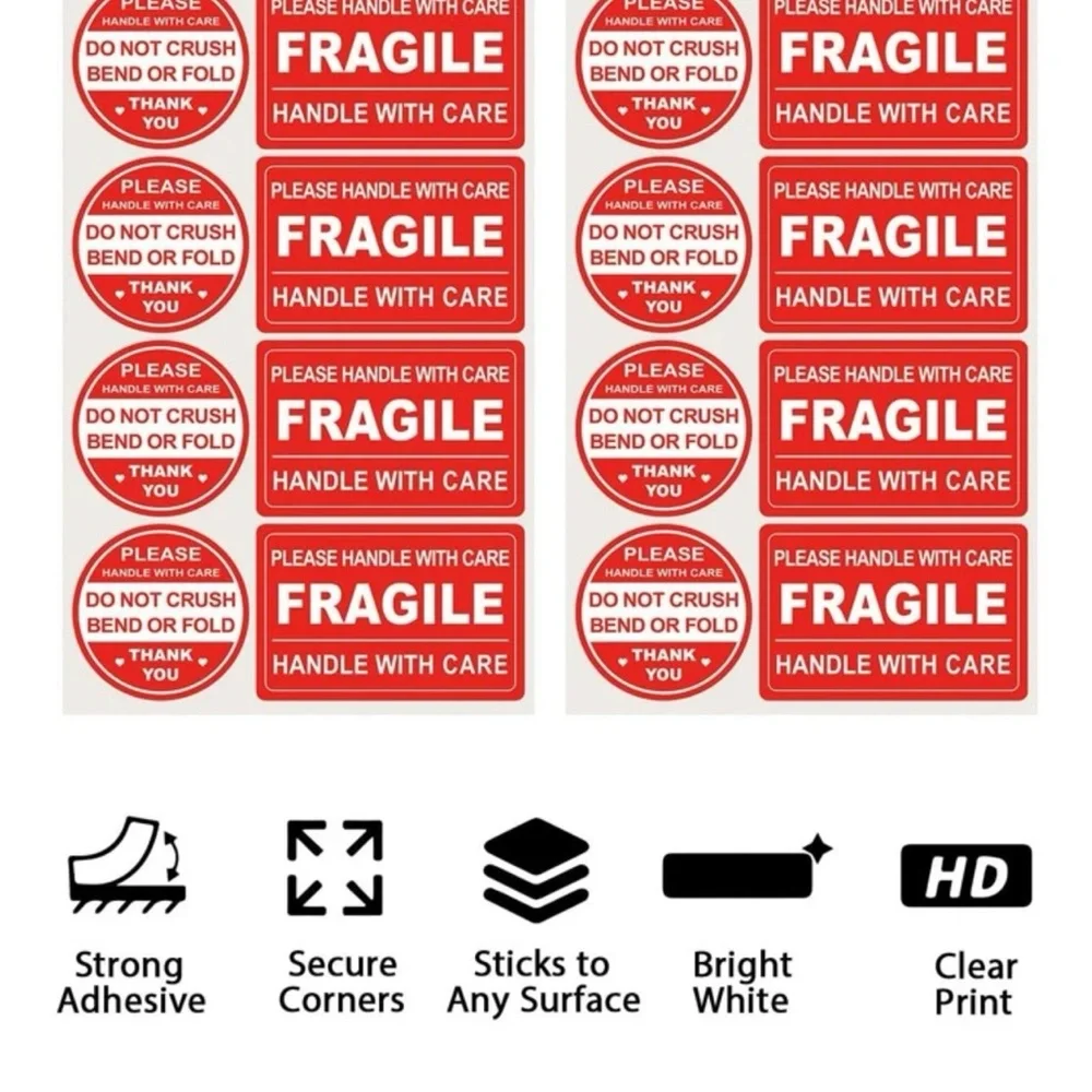 New 100 Pcs Handle With Care Fragile Circle Rectangle Packing Stickers